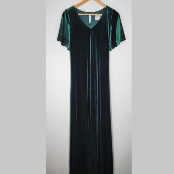 REVELRY Reese Emerald Green Velvet Maxi Dress Size S Flutter Sleeve Sash Belt - Picture 4 of 11